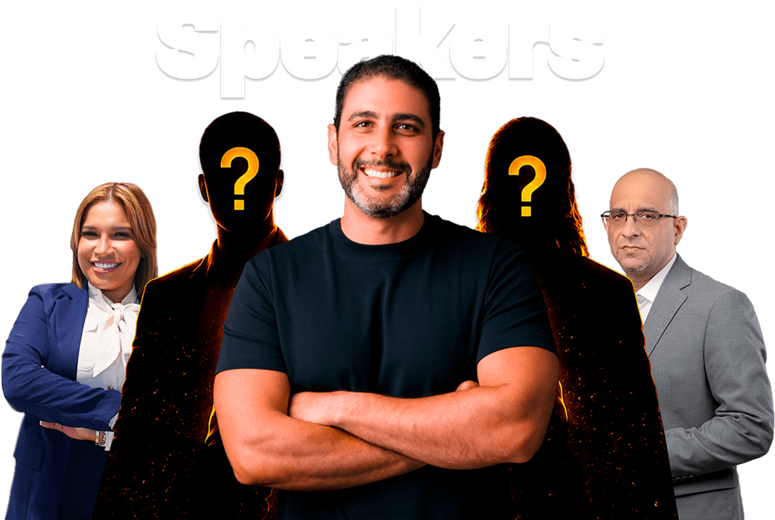 Speakers confirmados y por revelar en el Business Summit — algunos rostros ocultos tras un signo de interrogación.